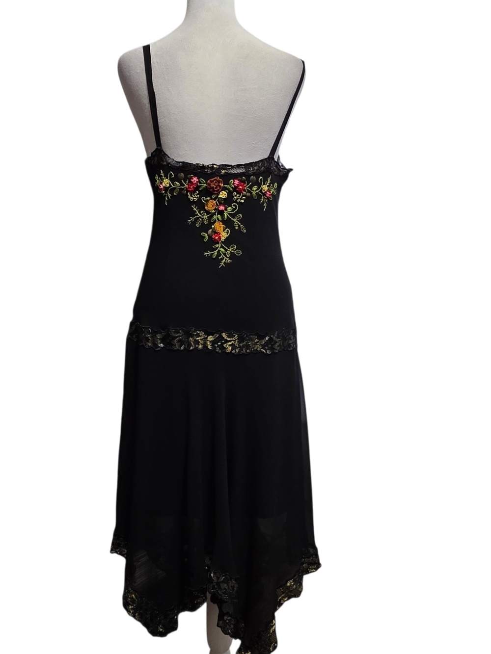 Cache Black Embroidered Floral Slip Dress Lace Handkerchief Hem Fairy Grunge 4 - Picture 6 of 13